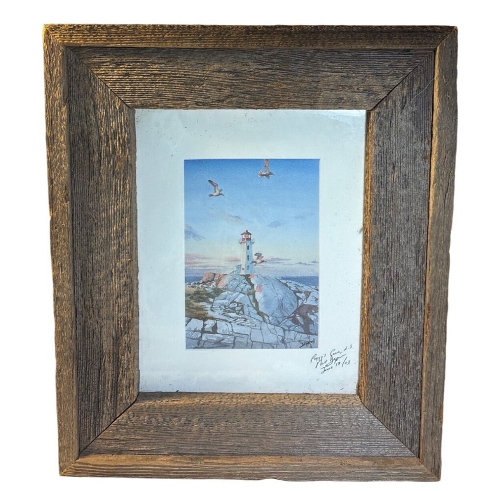 Peggys Cove Lighthouse Print In Rustic Wood Frame Signed Neil Depew 15 x 12.5"